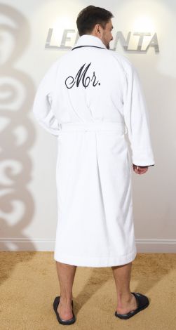 Men's terry dressing gown with embroidery and edging is a useful gift