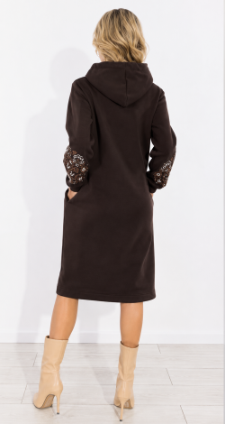 Warm dress with Ukrainian embroidery oversized chocolate