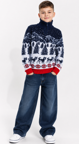 Teenage boys blue Christmas husky sweater with zipper collar
