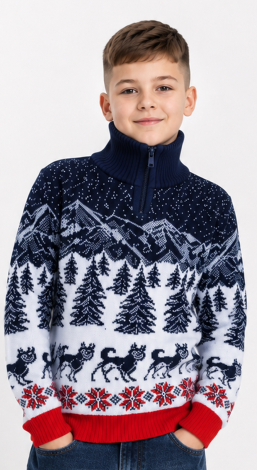 Teenage boys blue Christmas husky sweater with zipper collar