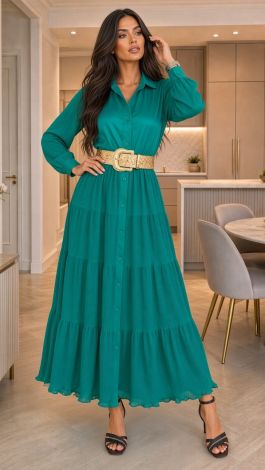 Зелена шовкова сукня-сорочка максі з плісированою спідницею