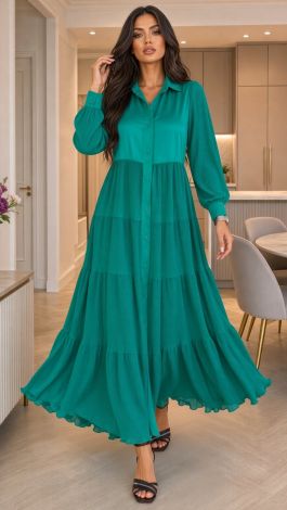 Green Silk Maxi Shirt Dress with Pleated Cascading Skirt  - Image 5