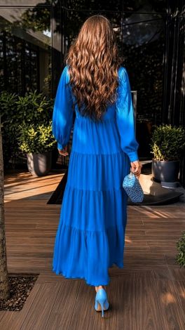 Bright blue silk maxi shirt dress with a pleated cascading skirt  - Image 8
