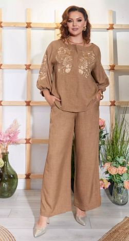 Women's beige linen suit with embroidery—blouse and wide-leg pants