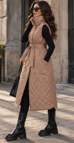 Quilted sleeveless coat beige