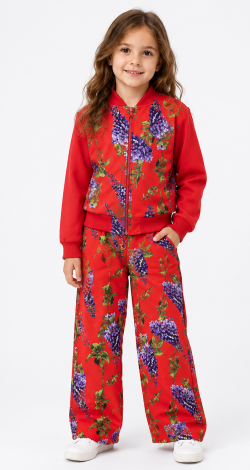 Girls floral printed zip-up hoodie and trousers set red