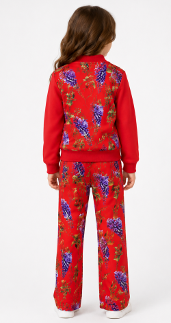 Girls floral printed zip-up hoodie and trousers set red