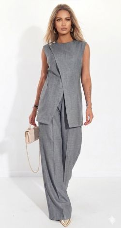 Gray Linen Pantsuit with Asymmetrical Tunic