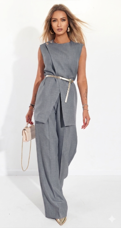 Gray Linen Pantsuit with Asymmetrical Tunic