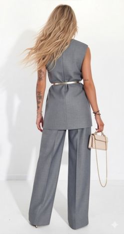 Gray Linen Pantsuit with Asymmetrical Tunic