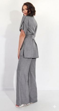 Gray-Melange Linen-Blend Pantsuit with Kimono Jacket