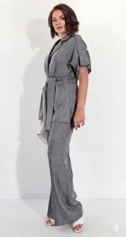 Gray-Melange Linen-Blend Pantsuit with Kimono Jacket