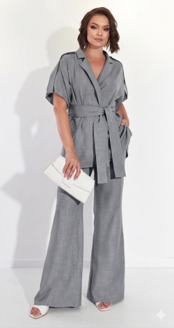 Gray-Melange Linen-Blend Pantsuit with Kimono Jacket