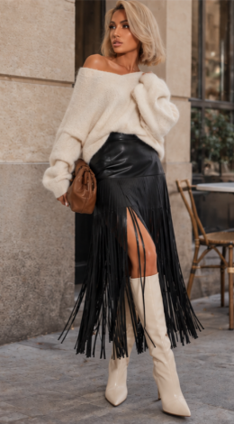 Fabulous black eco-leather fringe mini skirt