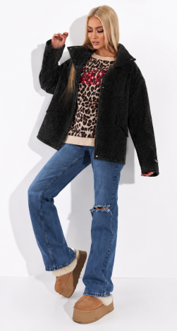 Short eco-fur coat karakul black