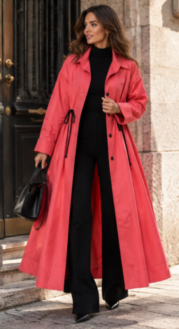 Trendy coral lightweight trench coat