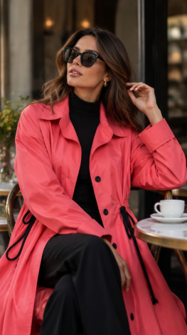 Trendy coral lightweight trench coat
