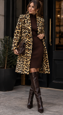 Longline leopard-print jacket-coat in textured fabric - Image 5