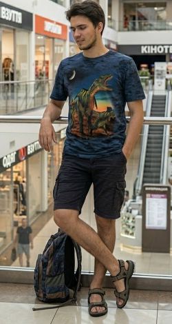 Men's Blue Tie-Dye T-Shirt with 3D Dinosaur Print (T-Rex