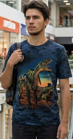 Men's Blue Tie-Dye T-Shirt with 3D Dinosaur Print (T-Rex
