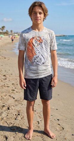 Matching Couple T-Shirts with Yin Yang Tigers Print (Gray Tie-Dye)