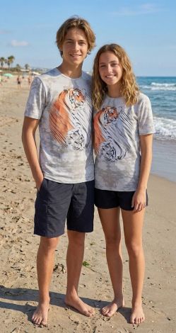 Matching Couple T-Shirts with Yin Yang Tigers Print (Gray Tie-Dye)