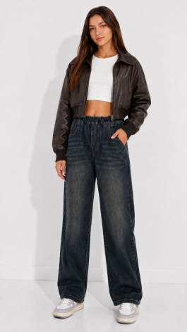 Dark blue wide-leg high-waisted jeans with an elastic waistband