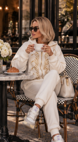 Vanilla Cream Warm Tracksuit «Golden Wheat»: Milky Zip-Up Hooded Sweatshirt with Embroidery