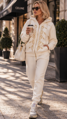 Vanilla Cream Warm Tracksuit «Golden Wheat»: Milky Zip-Up Hooded Sweatshirt with Embroidery