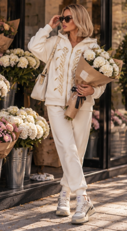 Vanilla Cream Warm Tracksuit «Golden Wheat»: Milky Zip-Up Hooded Sweatshirt with Embroidery