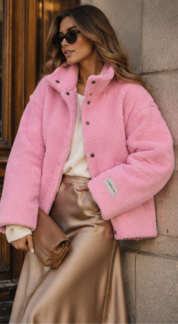 Short eco-fur coat karakul soft pink