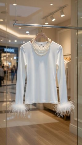 Long-sleeve Top with Ostrich Feathers