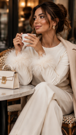 Long-sleeve Top with Ostrich Feathers