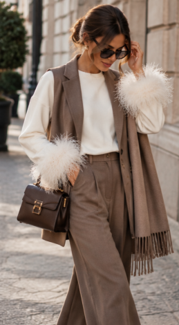 Long-sleeve Top with Ostrich Feathers