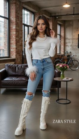 Long-sleeve Top with Ostrich Feathers