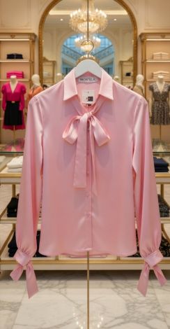 Розовая шелковая блузка с бантами