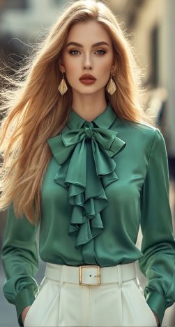 An emerald silk blouse