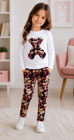 Girls' outfit featuring a teddy bear — long-sleeve top + floral pants