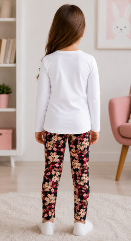 Girls' outfit featuring a teddy bear — long-sleeve top + floral pants