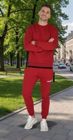 Комментарий стилиста : Этот мужской костюм — чистый адреналин и комфорт в одном флаконе. Насыщенный красный цвет в сочетании с графичной черной полосой создает динамичный образ для тех, кто привык задавать свой ритм и не боится выделяться на улицах города.  ​    Red Drive: Твой самый заметный спортивный образ  ​Энергия красного 