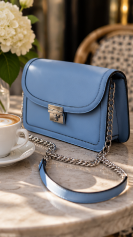 LEMANTA Sky Blue premium eco-leather crossbody bag with a metal clasp and chain strap