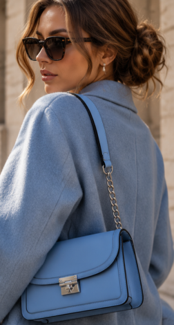 LEMANTA Sky Blue premium eco-leather crossbody bag with a metal clasp and chain strap