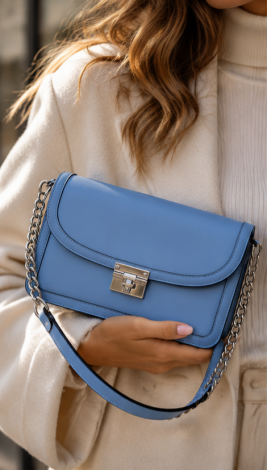 LEMANTA Sky Blue premium eco-leather crossbody bag with a metal clasp and chain strap