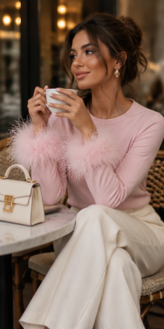 Pink Glam Comfort: A longsleeve with removable feathers that will fall in love