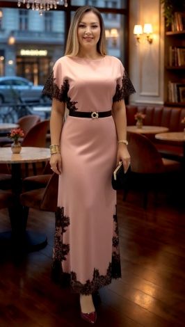 Pink and beige silk maxi dress with black cutwork lace trim - Image 4