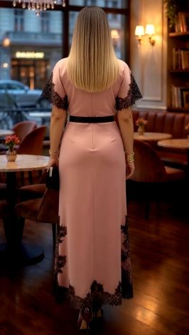 Pink and beige silk maxi dress with black cutwork lace trim - Image 5
