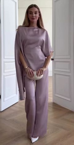Beige and Pink Silk Pantsuit with Tunic Blouse and Belt
