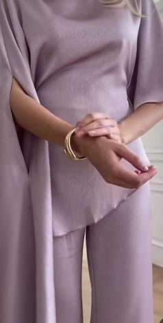 Beige and Pink Silk Pantsuit with Tunic Blouse and Belt