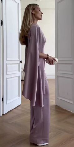 Beige and Pink Silk Pantsuit with Tunic Blouse and Belt