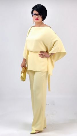 Butter-colored off-the-shoulder pantsuit with tunic